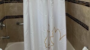 A shower curtain with a floral pattern, a bathtub, and a toilet.
