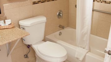 Combined shower/tub, free toiletries, hair dryer, towels