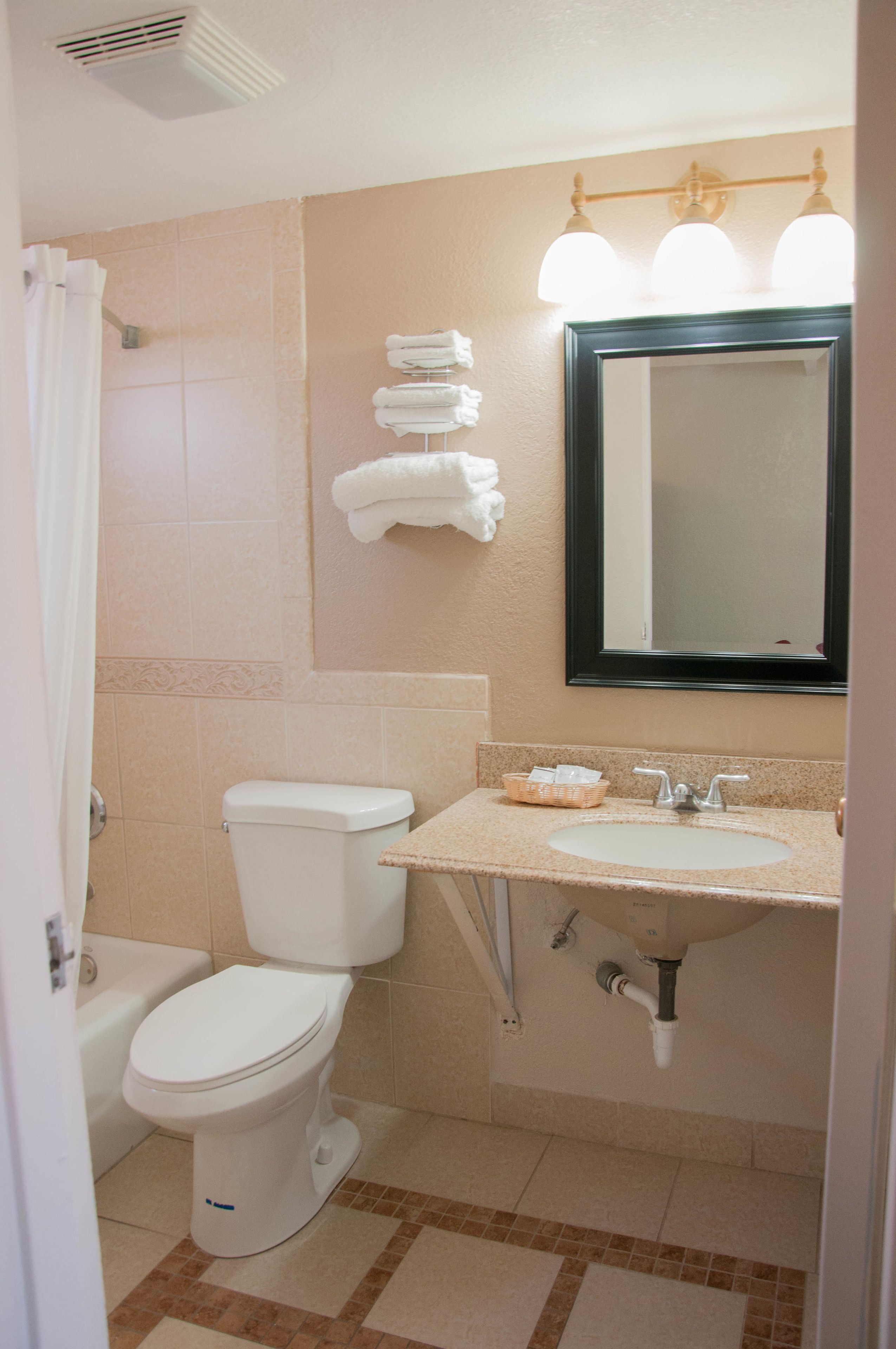 A bathroom with a toilet, sink, and mirror.