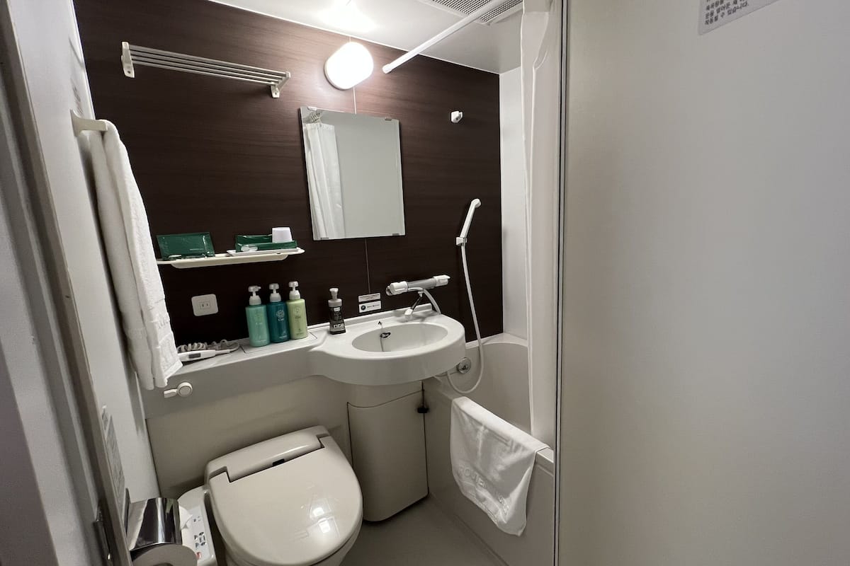 combined shower/bathtub, free toiletries, hair dryer, slippers