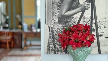 Une photographie représentant une femme tenant un appareil photo sur un trépied, un vase de fleurs rouges et deux petits pots jaunes posés sur une table en bois.