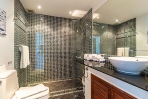 Un baño moderno con cabina de ducha de vidrio, un lavabo grande blanco y un inodoro.