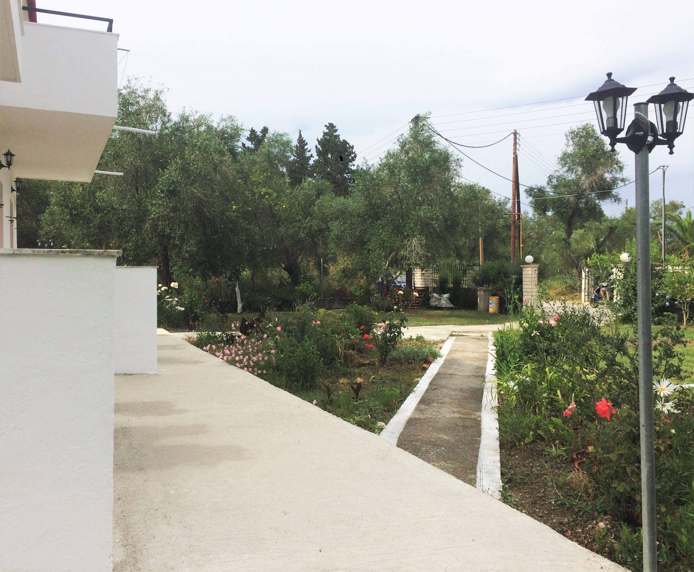 A pathway leading through a garden with various plants and flowers. There are street lamps and a building with a white facade.