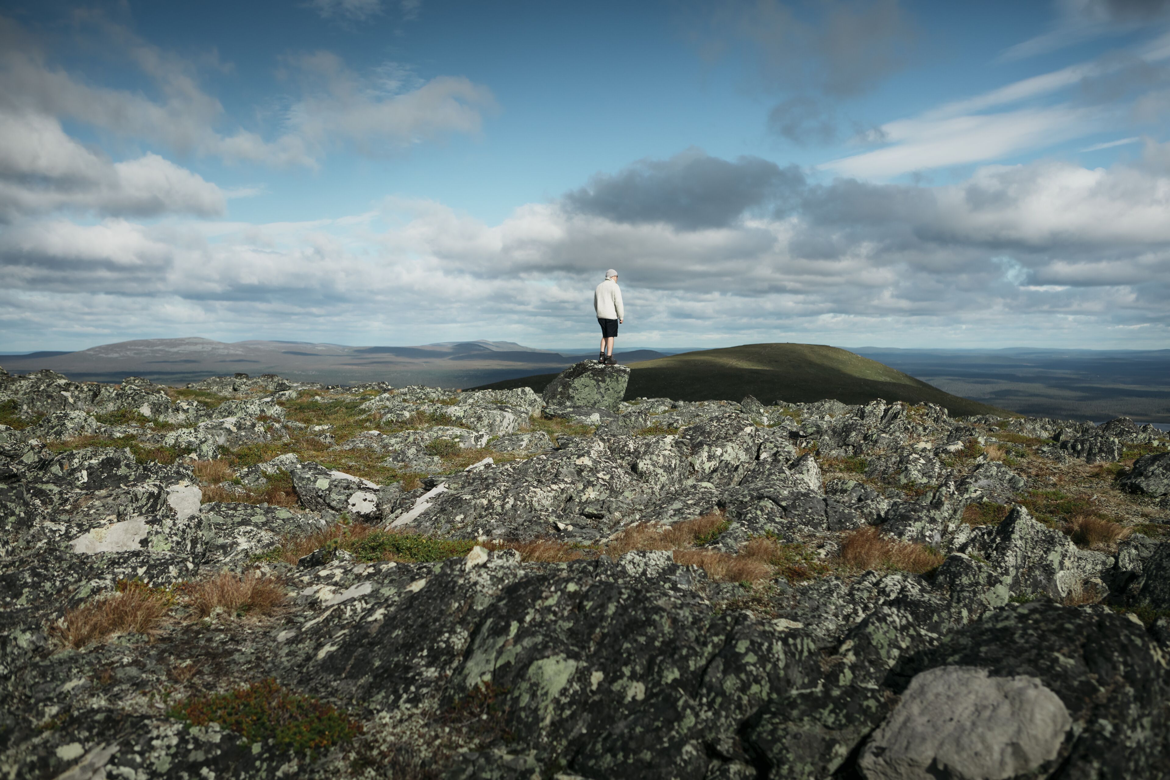 A person standing on a rocky outcrop with a vast landscape in the background.