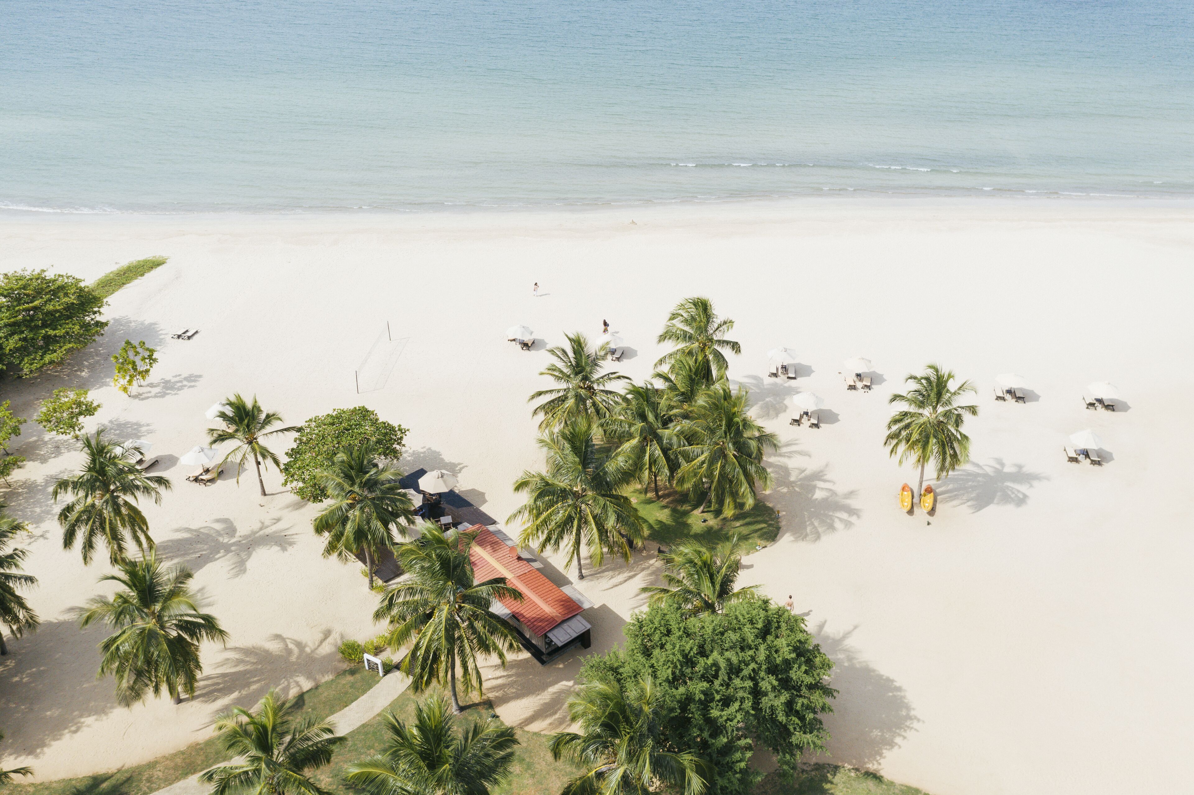 Vista aérea de una playa con palmeras, un edificio de techo rojo y sombrillas blancas.