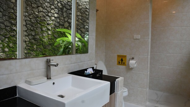 A modern bathroom with a large sink, a mirror, a shower, and a stone wall. - Laelay Suites (Karon)