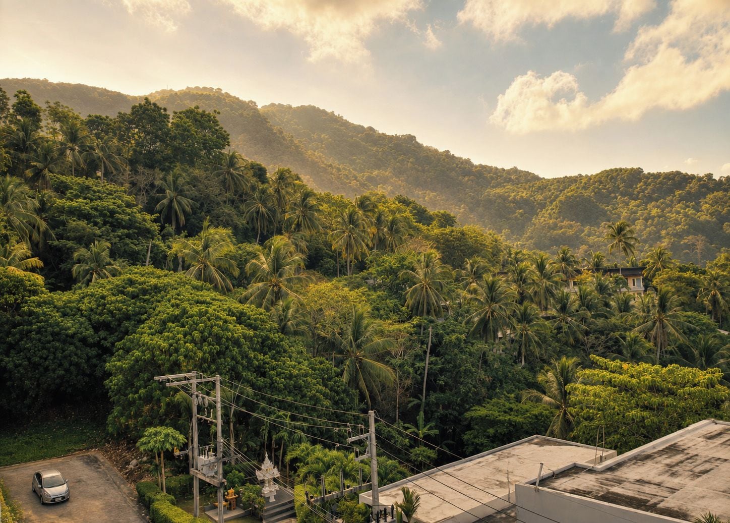 Una zona residenziale con un'auto parcheggiata in un vialetto, circondata da rigogliosa vegetazione e colline sullo sfondo.