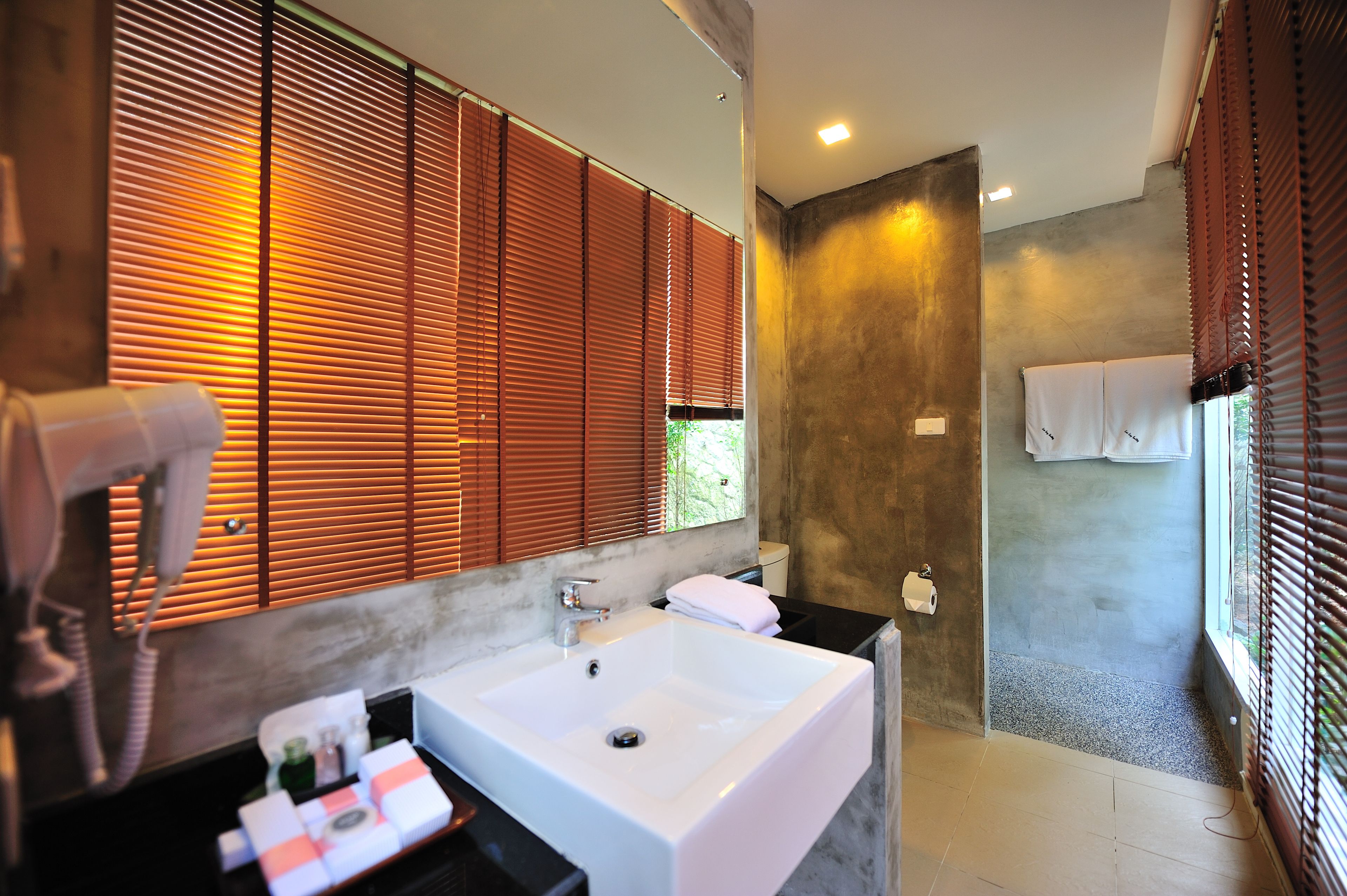 pool access room | bathroom | shower, rainfall showerhead, free toiletries, hair dryer