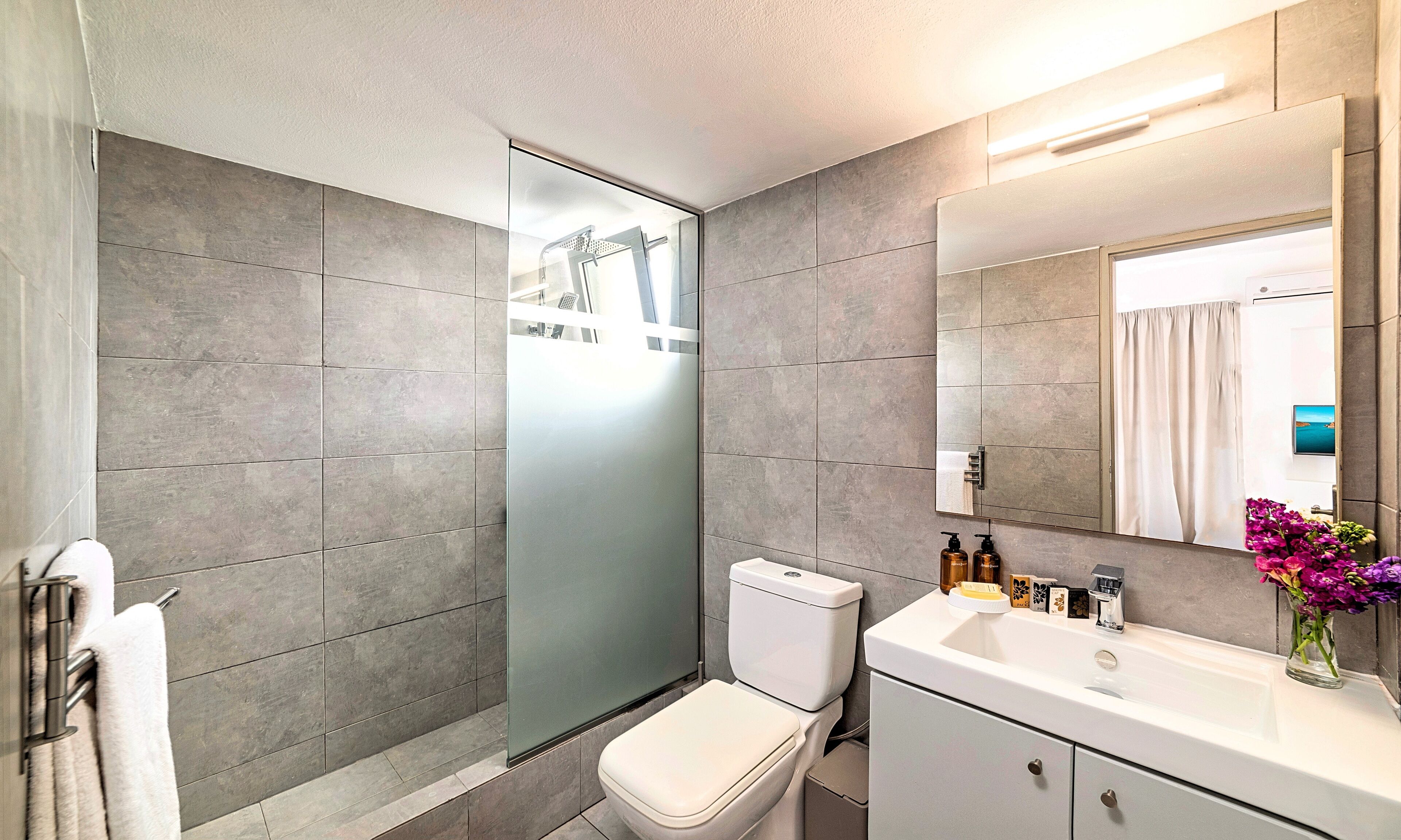 family suite | bathroom | shower, rainfall showerhead, designer toiletries, hair dryer