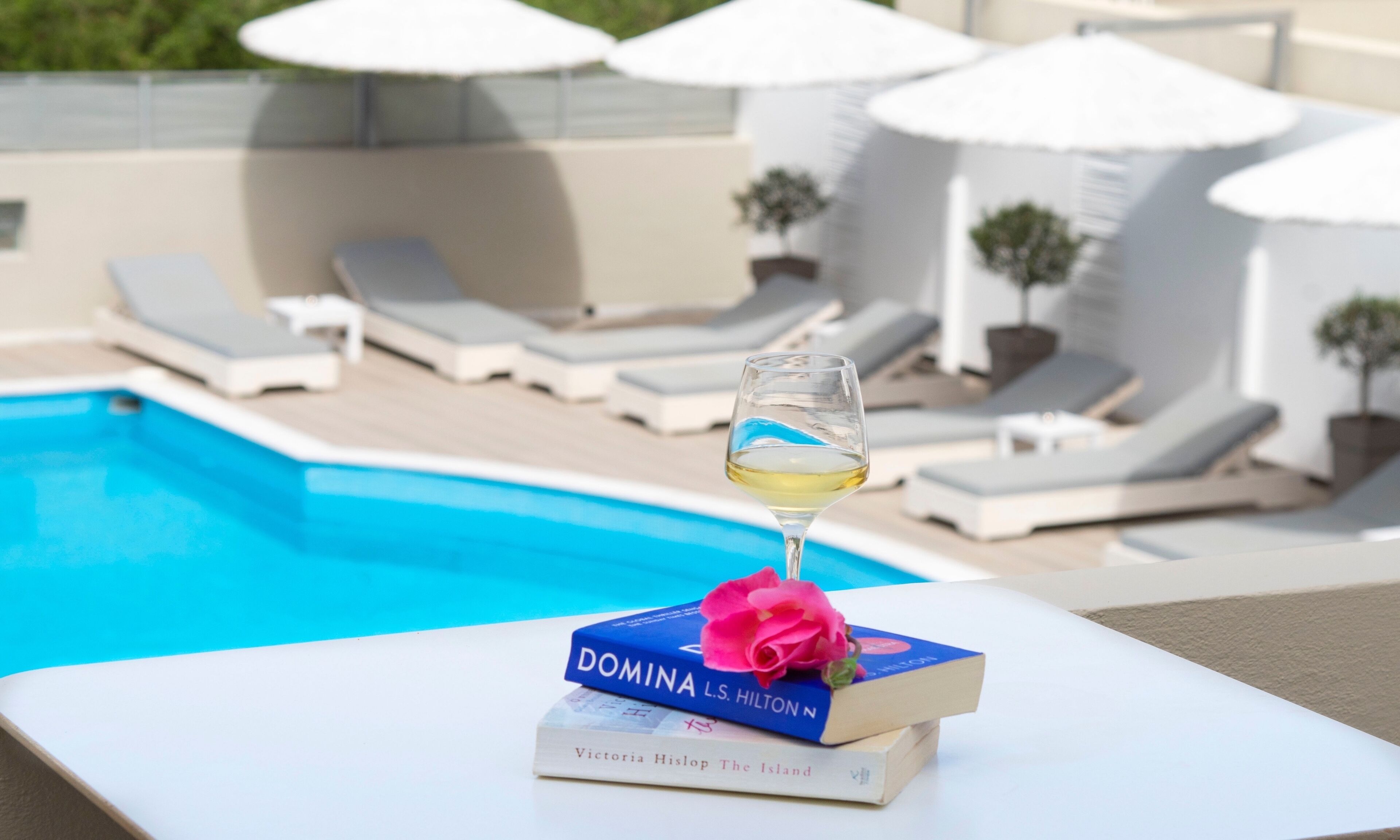 A poolside setting with lounge chairs and umbrellas, a glass of white wine, and books titled 'DOMINA L.S. HILTON' and 'The Island' by Victoria Hislop.