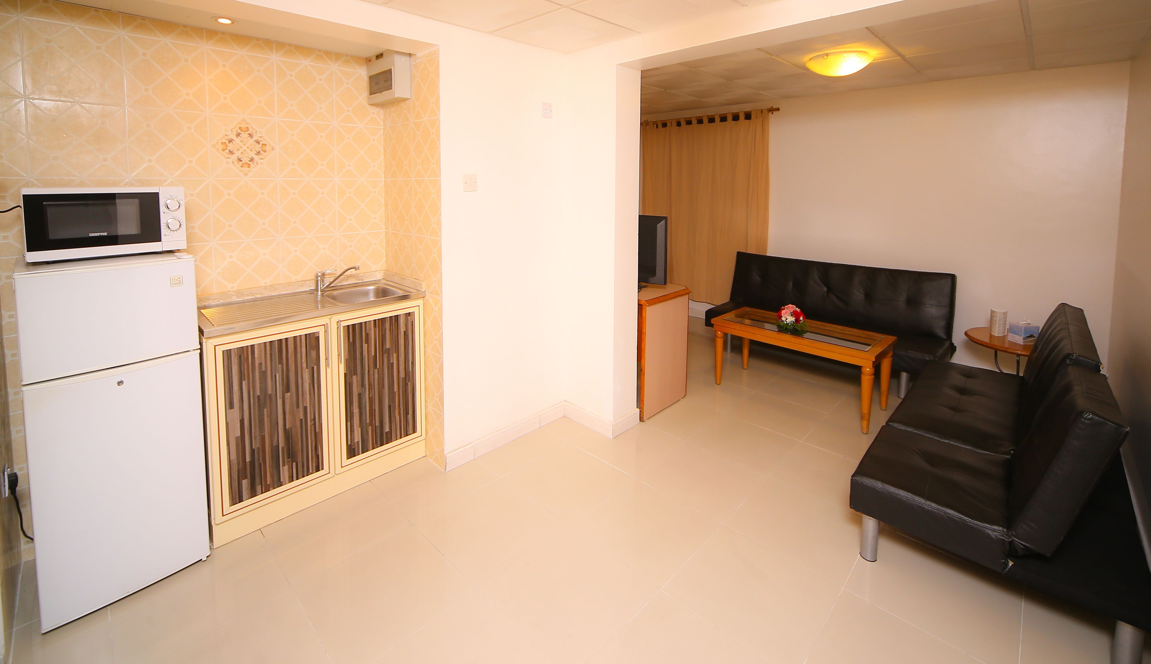 A compact living space with a kitchenette, a sofa, and a small table.