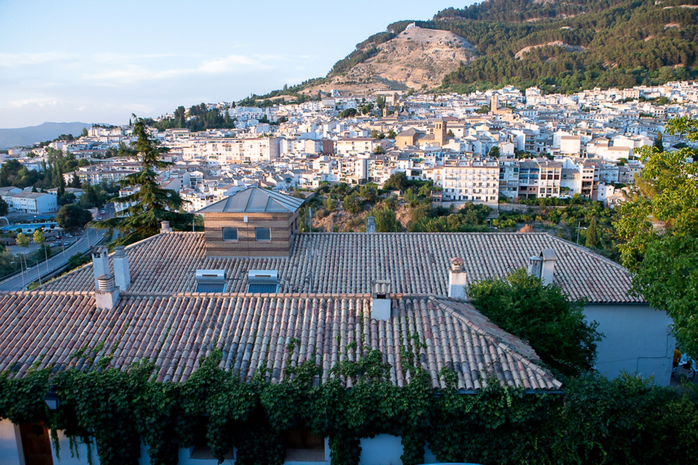 Un quartiere residenziale con tetti in tegole di terracotta, edifici ravvicinati e una collina sullo sfondo.