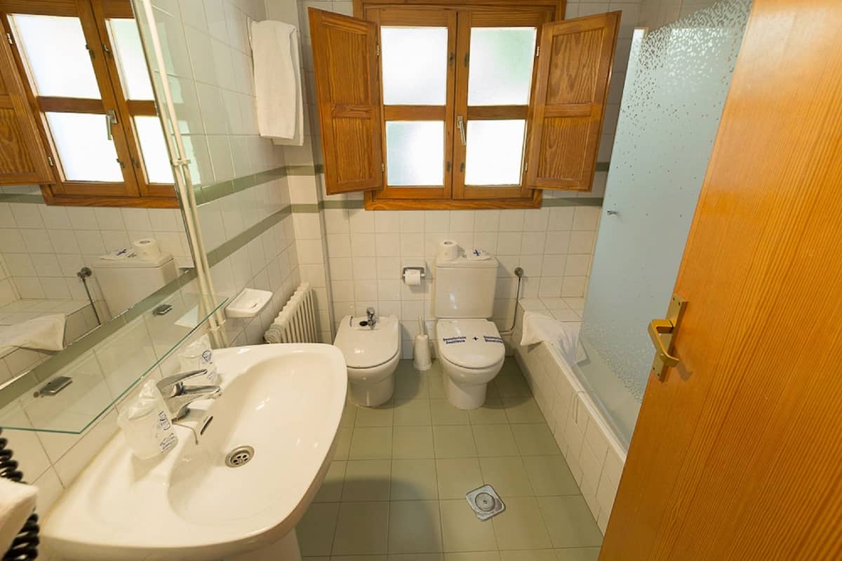 free toiletries, hair dryer, bidet, towels