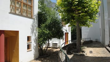 Pátio com edifícios brancos, uma árvore e um caminho de pedra.