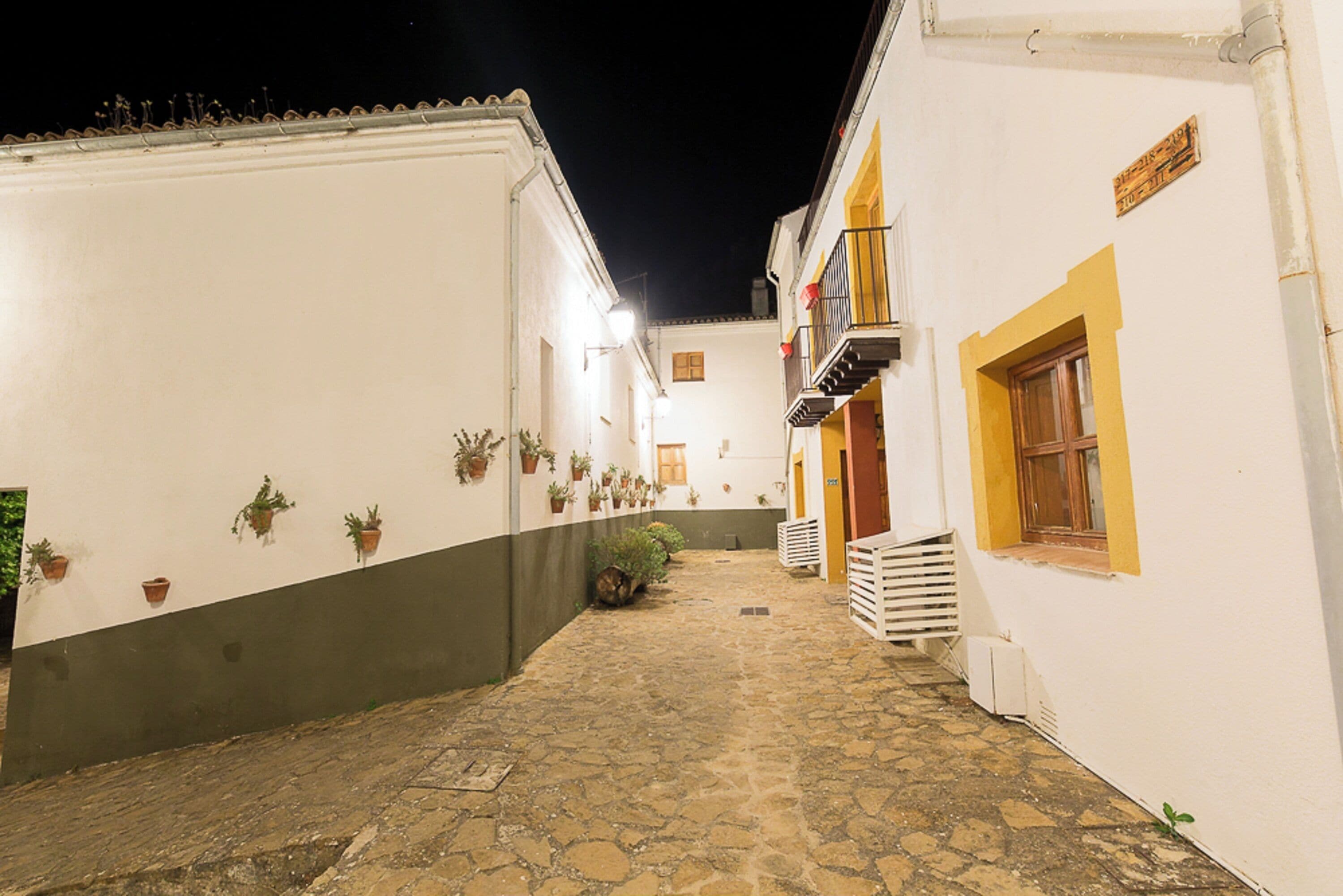 A narrow alleyway with white buildings, potted plants, and a stone floor.