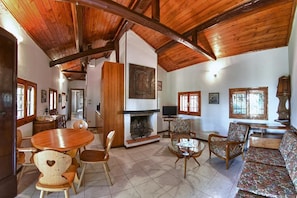 Uma sala de estar acolhedora com lareira, móveis de madeira e teto alto.