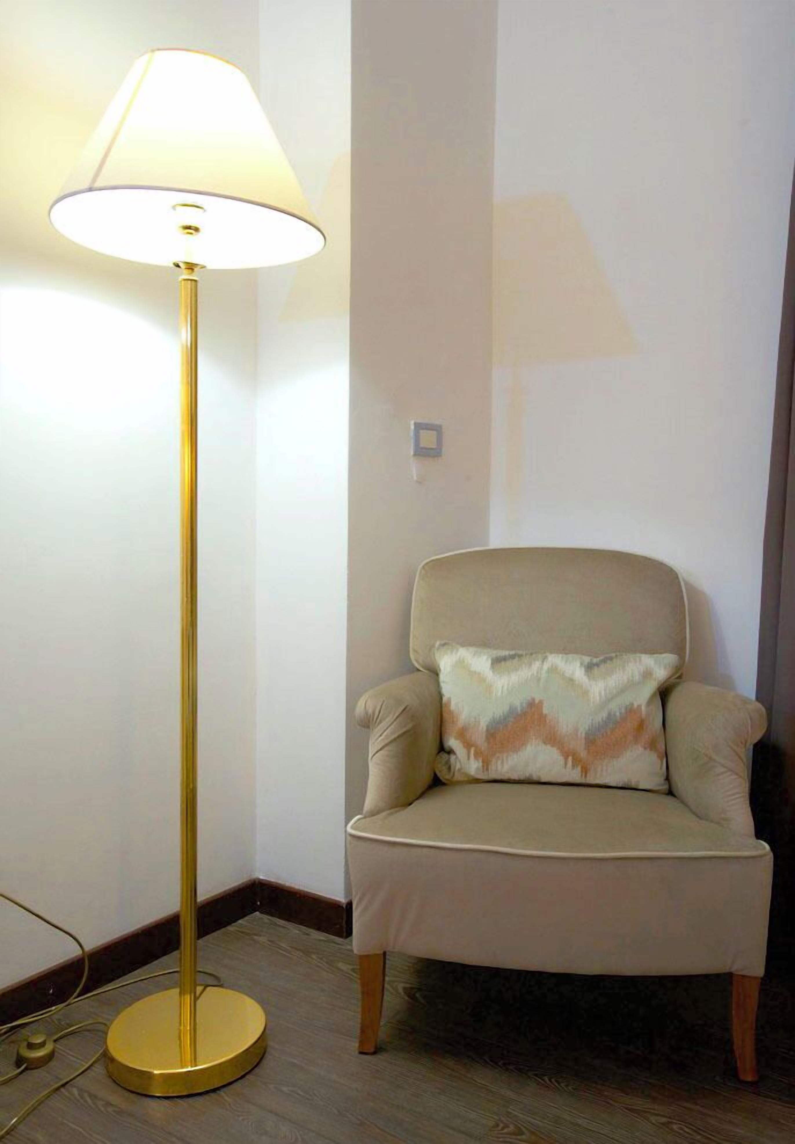 A room with a floor lamp, a beige armchair, and a patterned throw pillow.