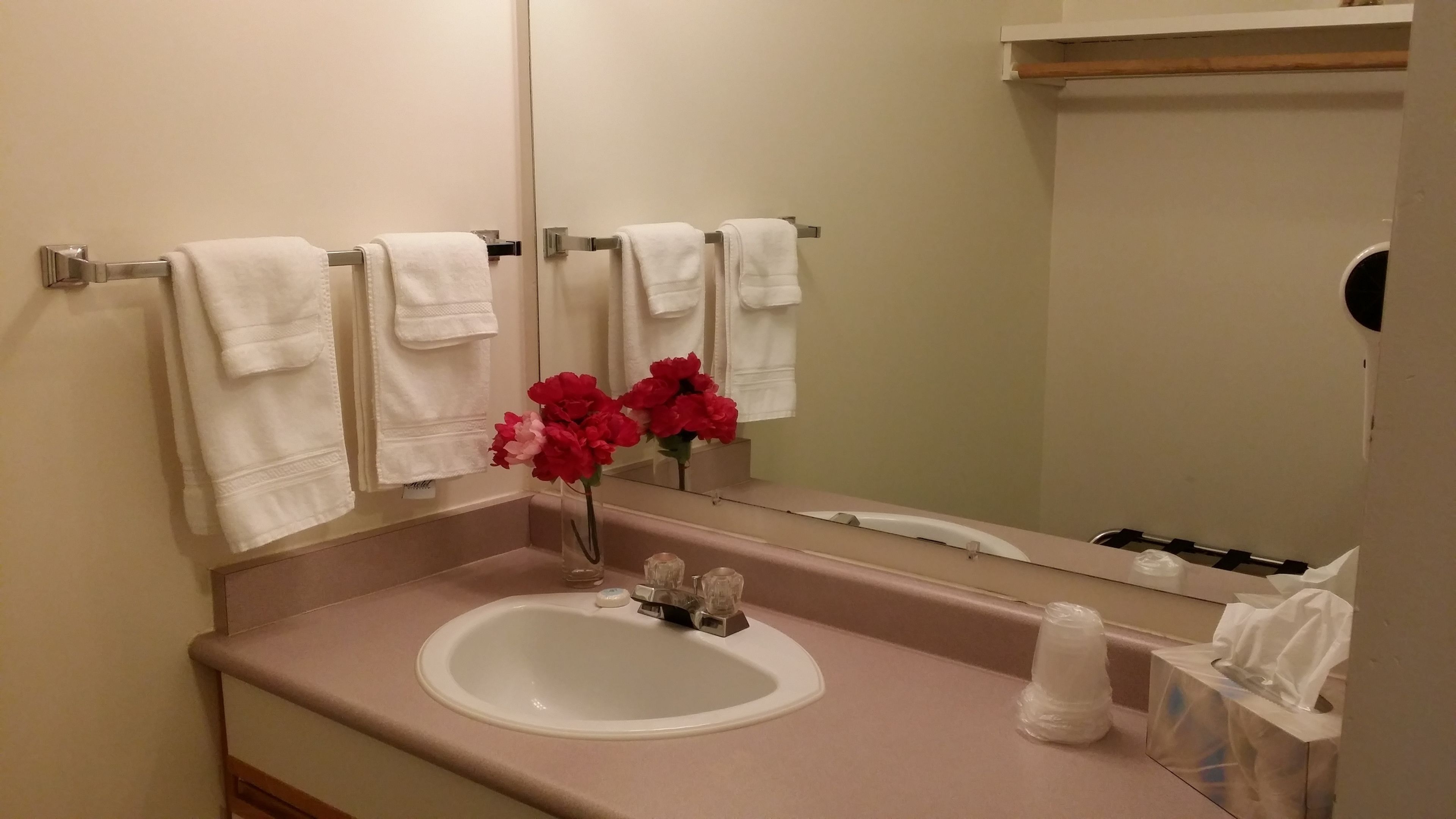 Un baño con lavamanos, espejo y toallas.
