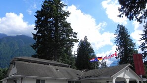 A single-story motel with a covered porch and a small garden area with potted plants.