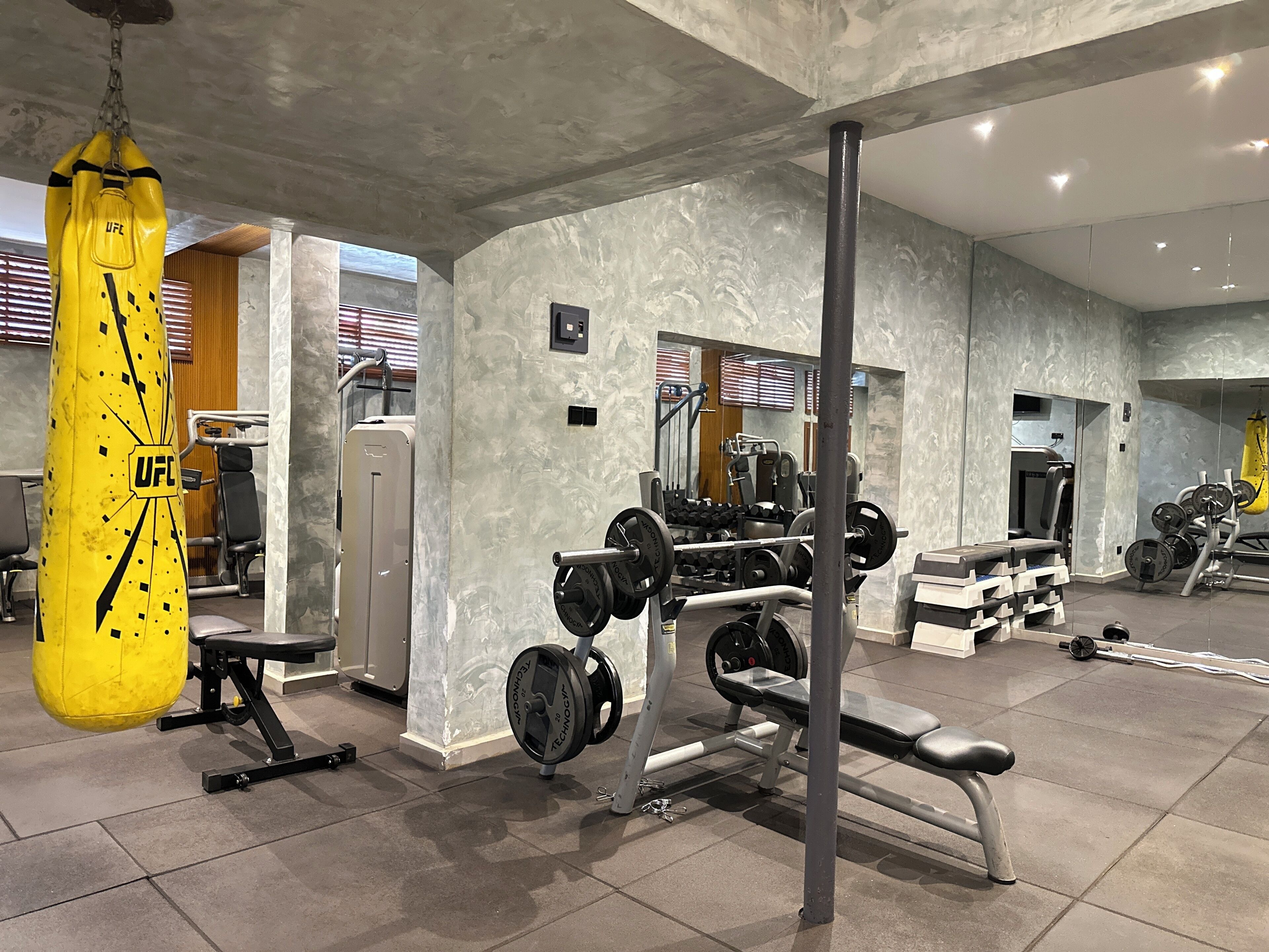 A gym with weightlifting equipment, a punching bag, and a bench.