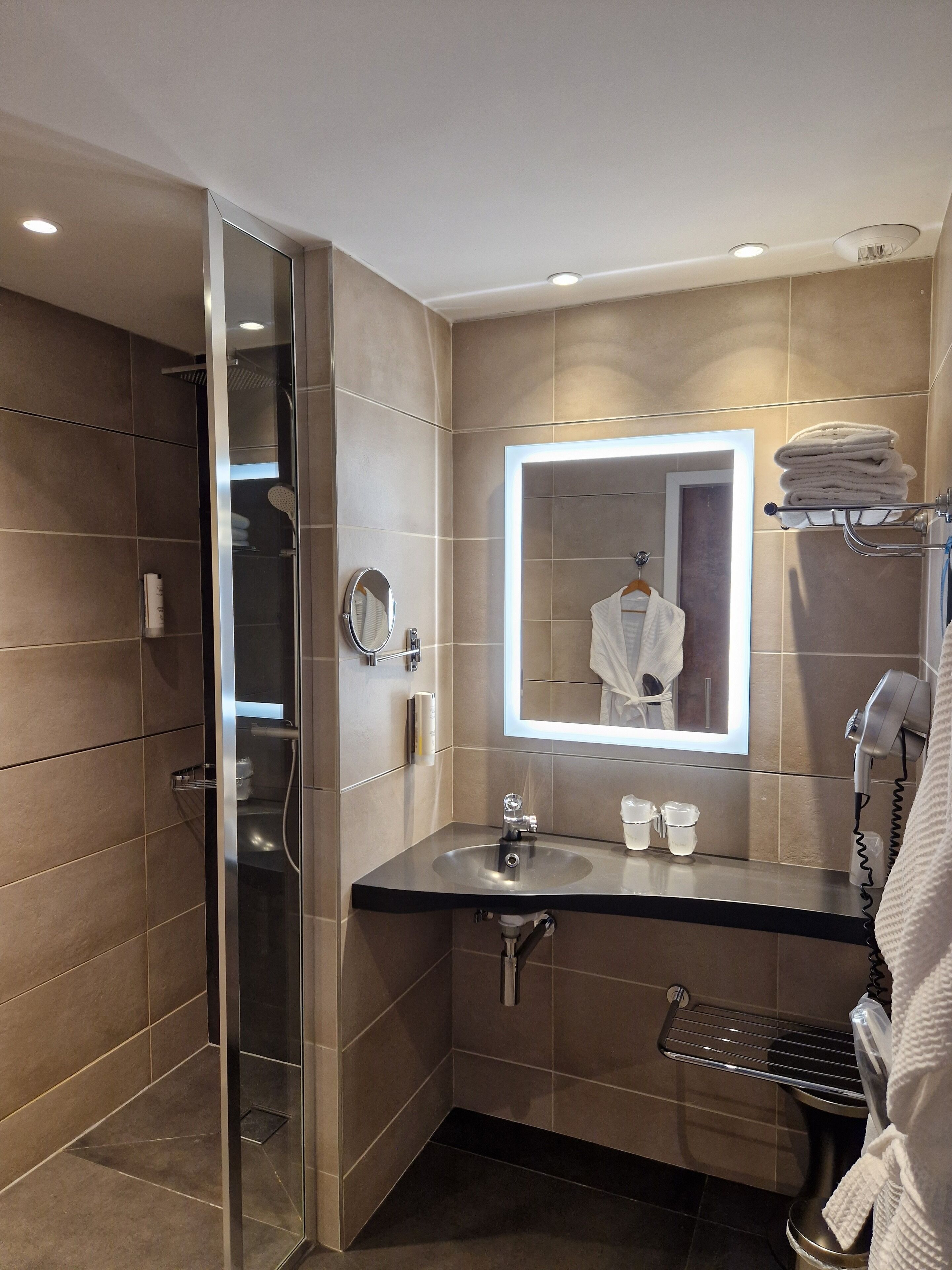 A modern bathroom with a glass shower enclosure, a vanity with a mirror, and a towel rack.