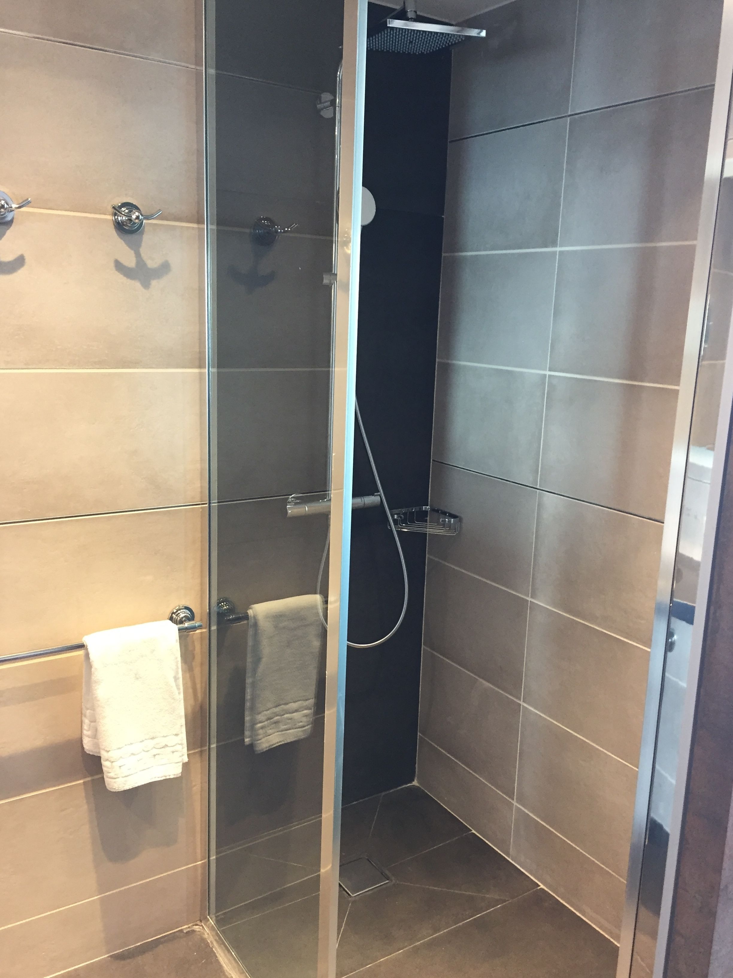 Una ducha moderna con puerta de cristal, un perchero y un cabezal de ducha manual.
