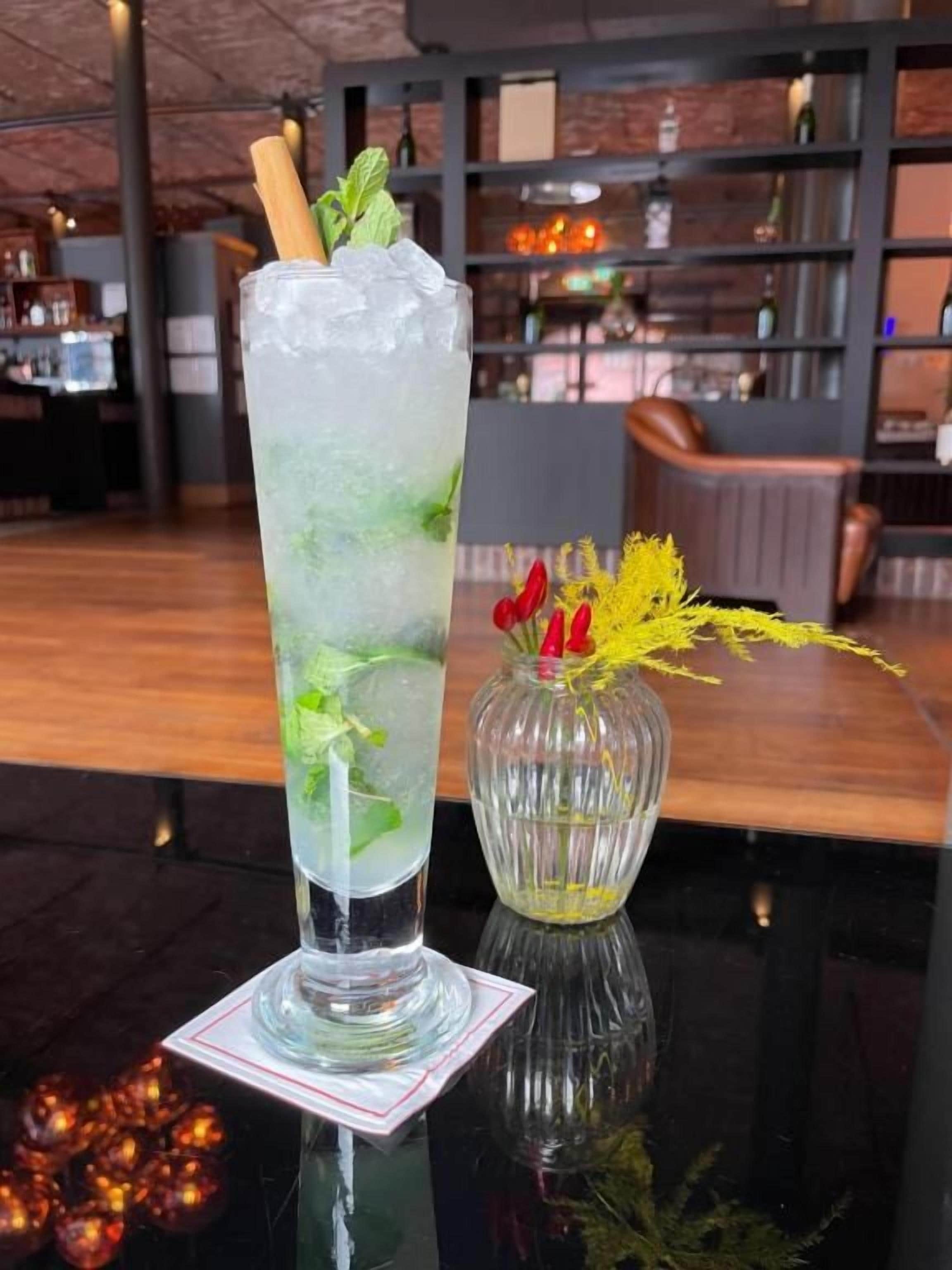 A tall glass of a green beverage with mint, ice, and a cinnamon stick, placed on a coaster.