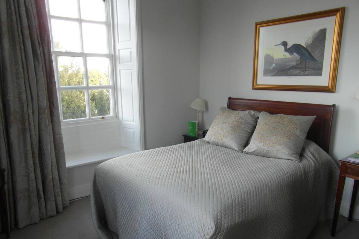 A bedroom with a large bed, a window with curtains, a bedside table with a lamp, and a framed picture on the wall.