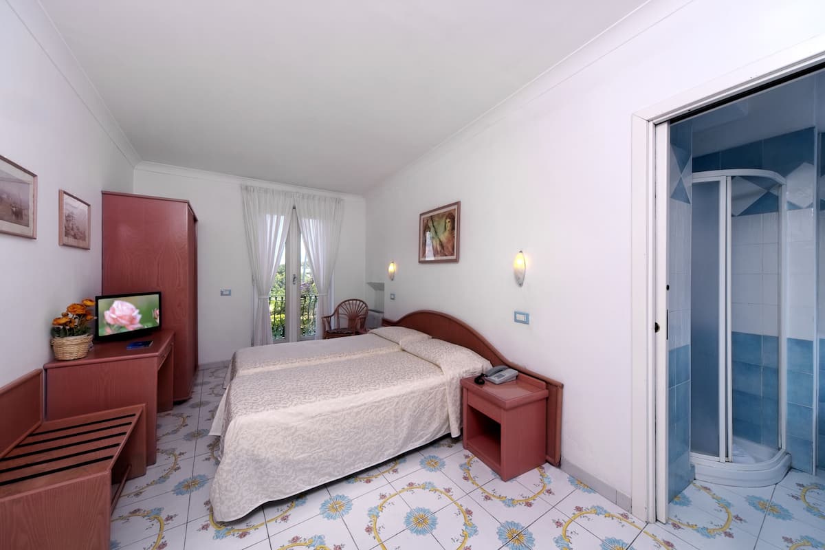 A bedroom with a bed, bedside table, TV, and a shower area.