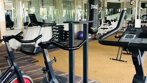 Ginásio com equipamentos de cardio, máquinas de peso e saco de pancadas.