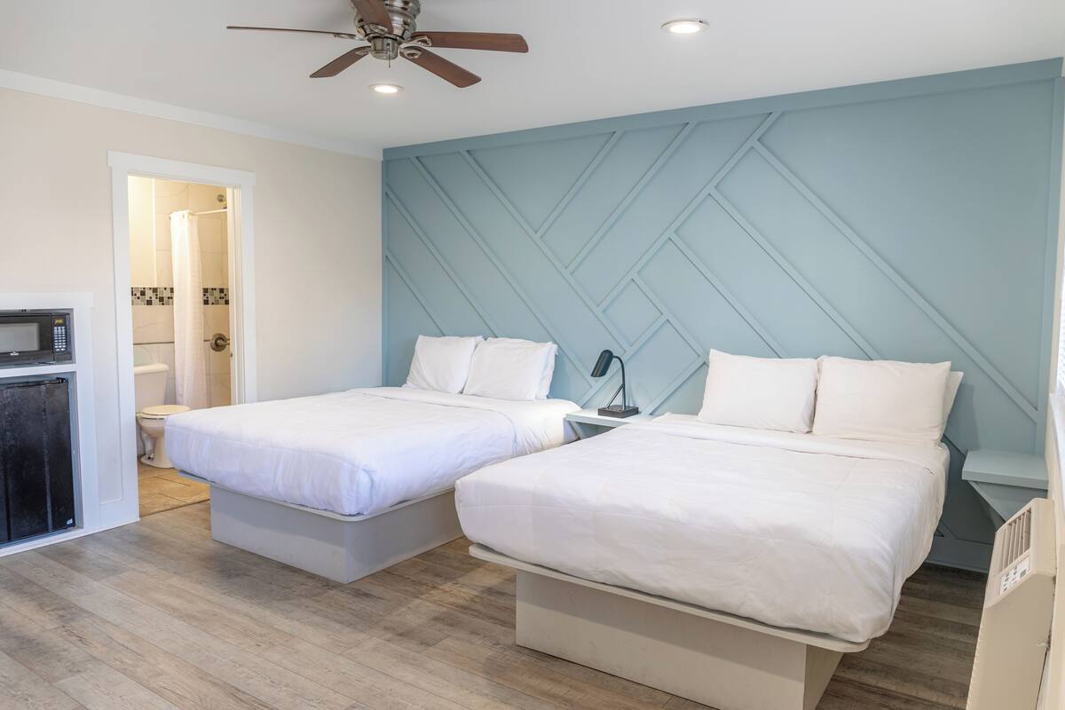 Une chambre d’hôtel avec deux lits, un ventilateur de plafond, un four à micro-ondes et un espace douche.