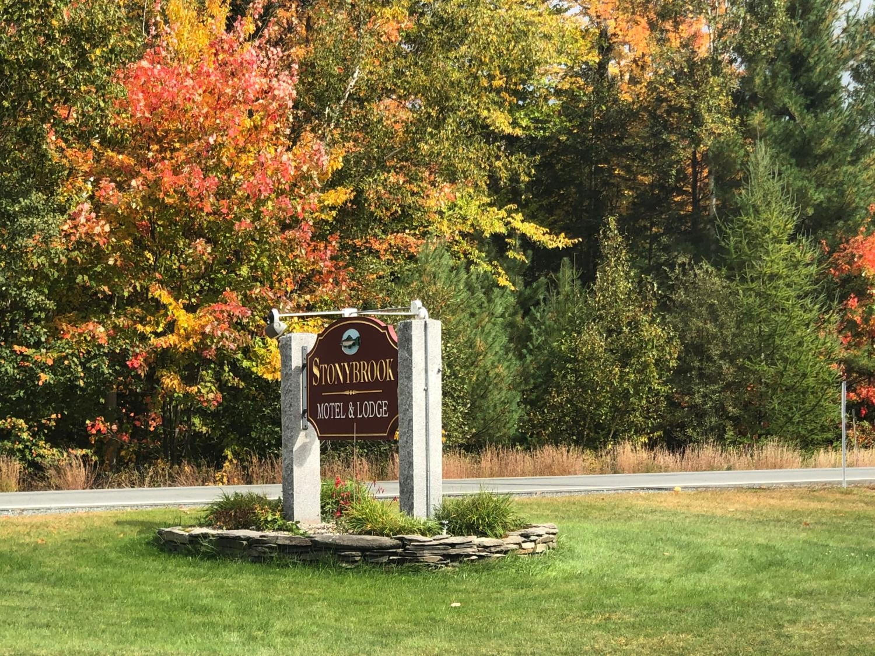 Une enseigne indiquant le « Stonybrook Motel & Lodge », entourée du feuillage automnal.
