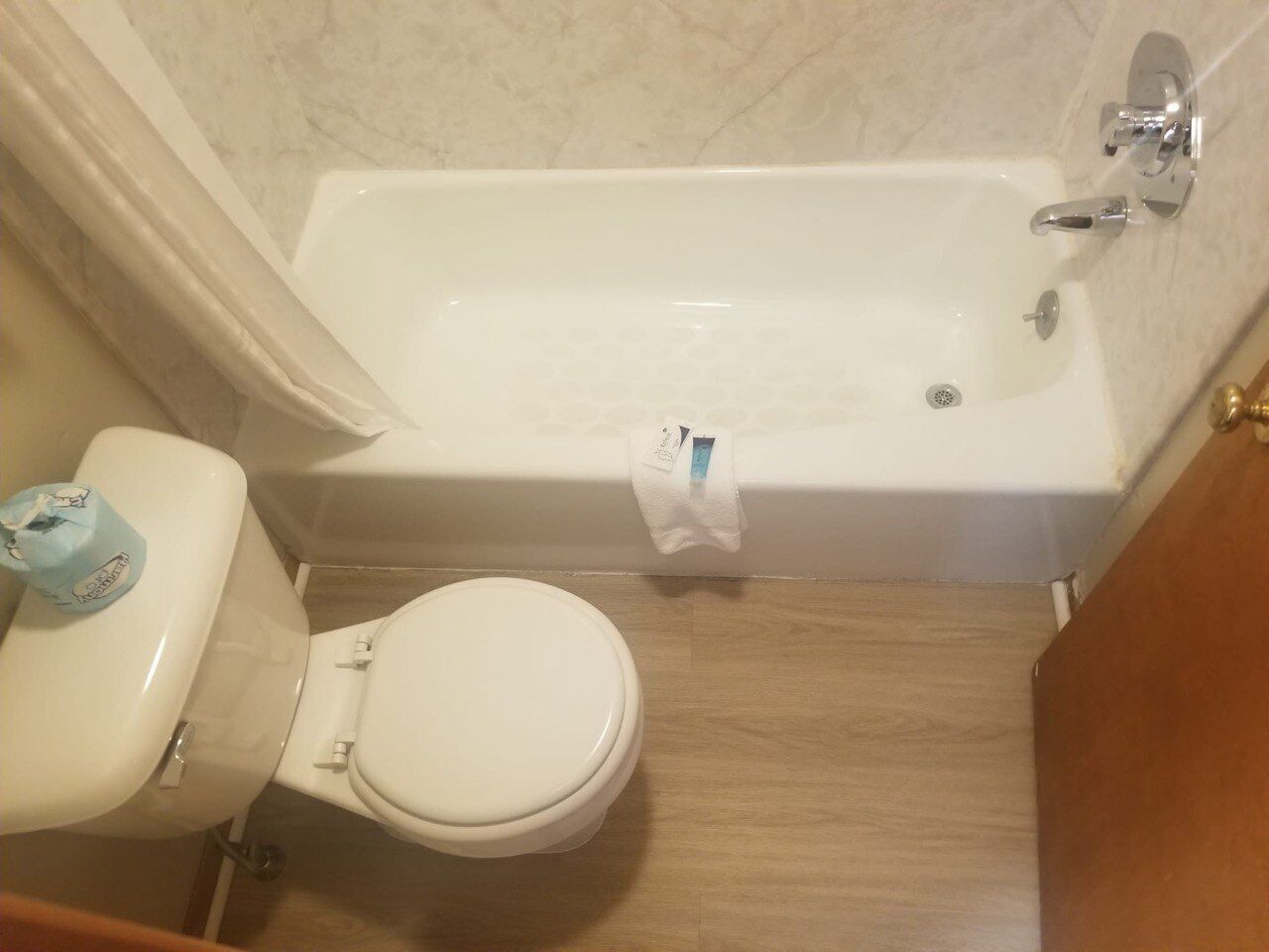 Un baño con inodoro, bañera y piso de madera.