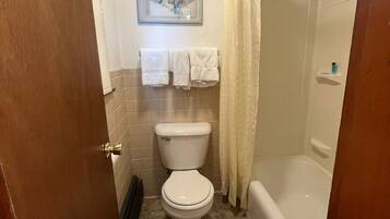 A bathroom with a toilet, a bathtub, and a shower curtain.