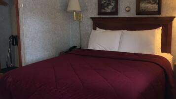 A hotel room with a large bed, a nightstand, a lamp, and two framed pictures on the wall.