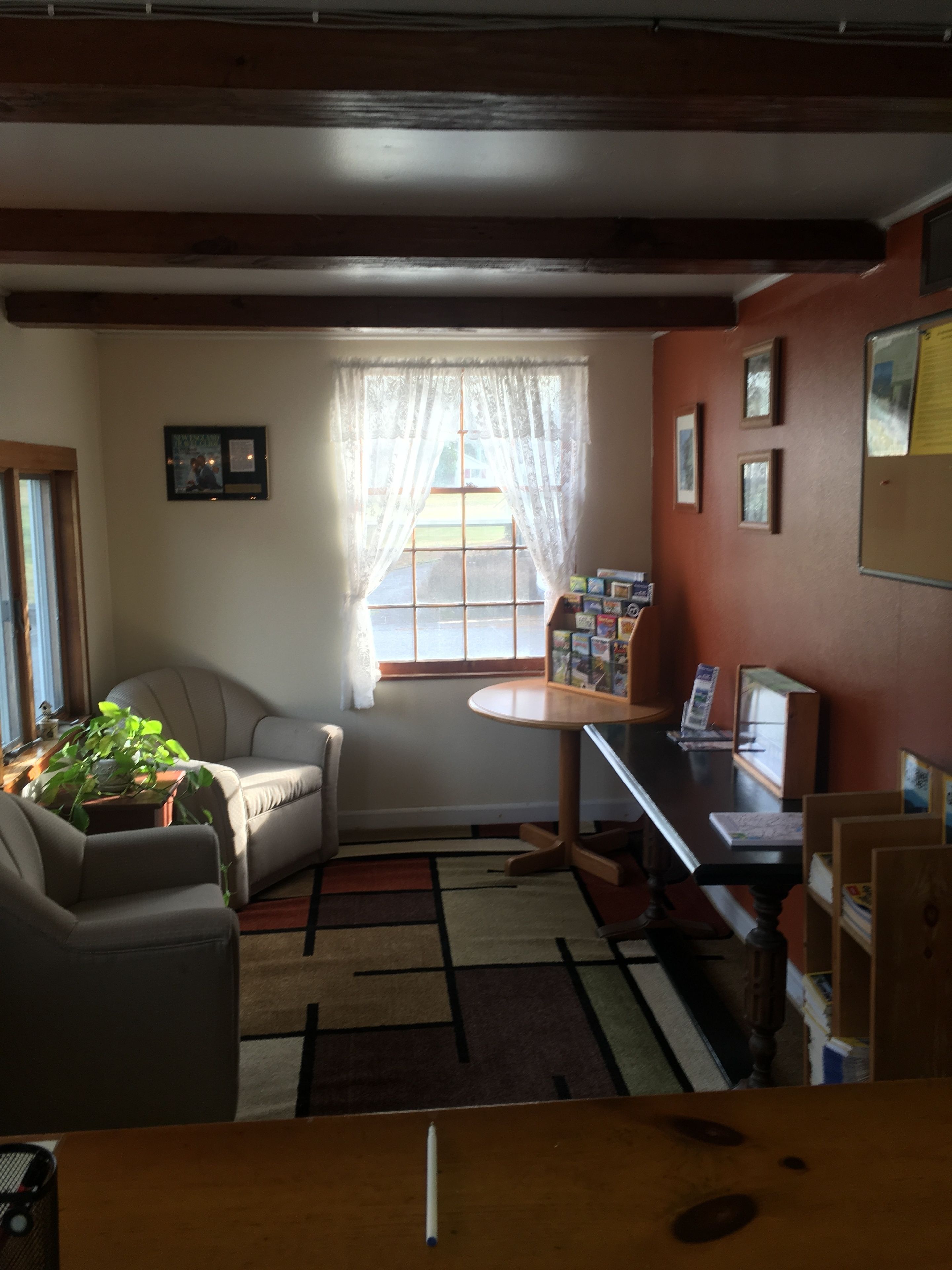 A cozy living room with a sofa, a small table, a potted plant, and a window with curtains.