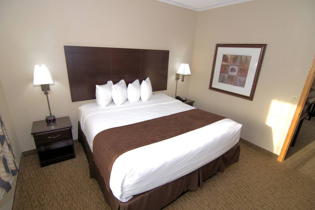 A hotel room with a large bed, two bedside tables, a framed picture on the wall, and a carpeted floor.