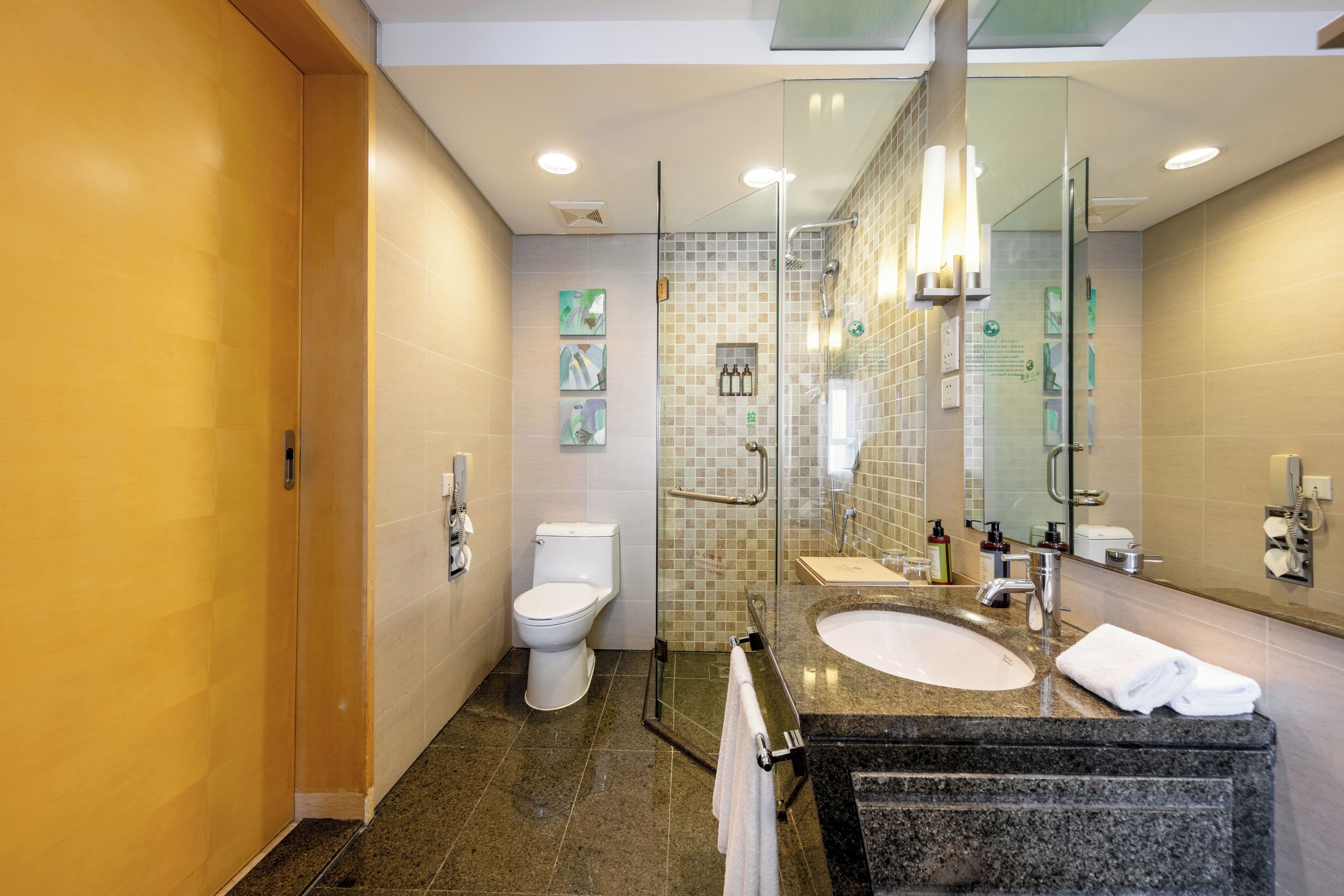 Une salle de bain moderne avec une douche à parois de verre, des toilettes et un lavabo avec un meuble-vasque.