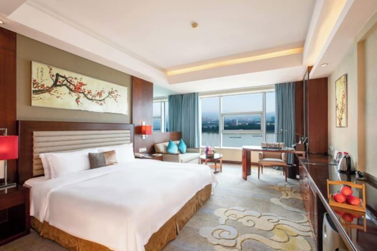 Habitación de hotel con una cama grande, un escritorio, una silla, un televisor y vistas a la ciudad.