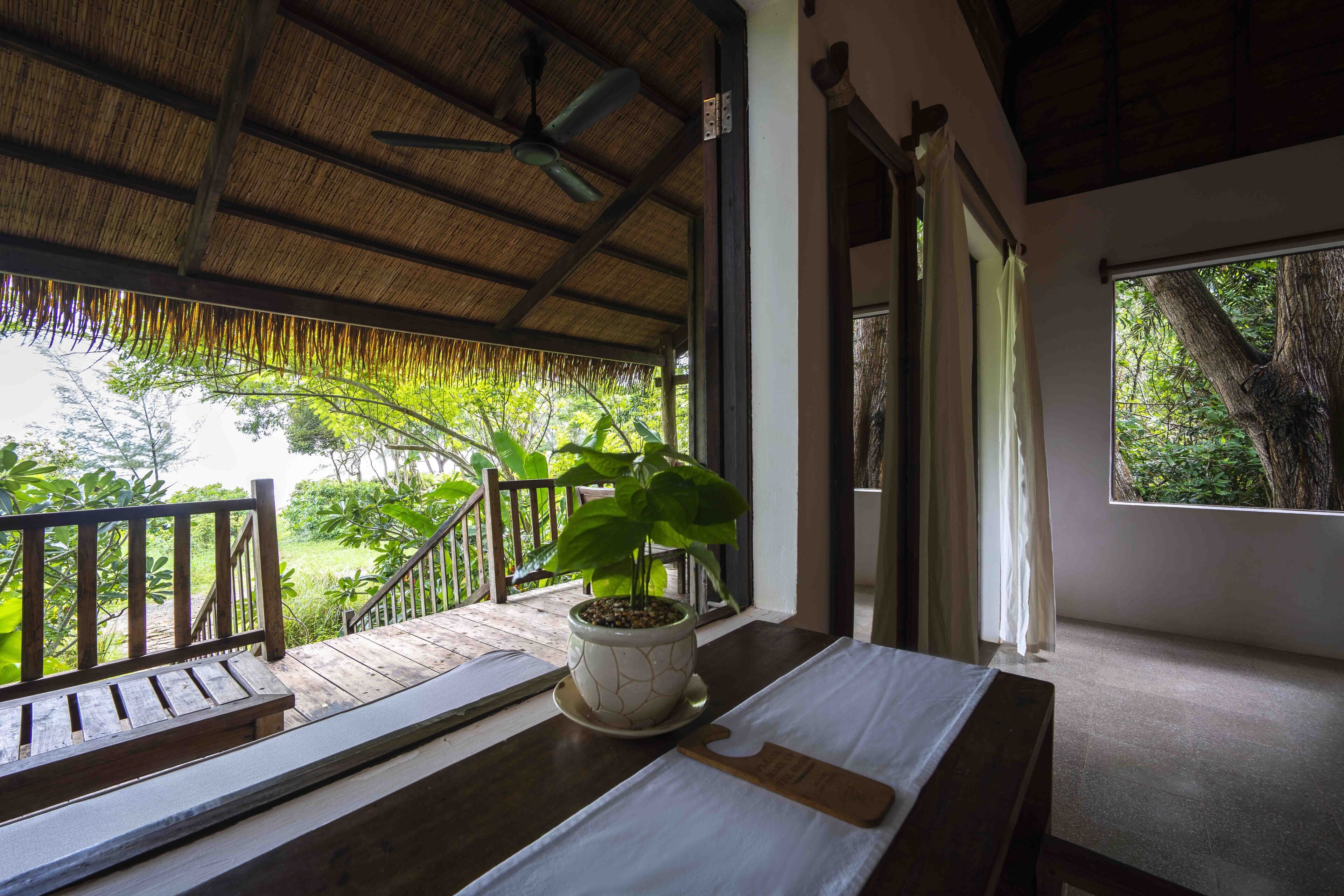 A room with a wooden deck, a ceiling fan, a potted plant, and a window with a view of greenery.