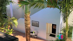 Un patio al aire libre con una palmera, una mesa redonda pequeña con una planta en maceta y una silla. Se observa una obra de arte montada en la pared y una puerta que da al interior.