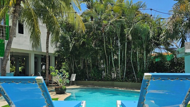 A poolside area with two white lounge chairs and a clear blue pool, surrounded by palm trees and a building with a green roof.