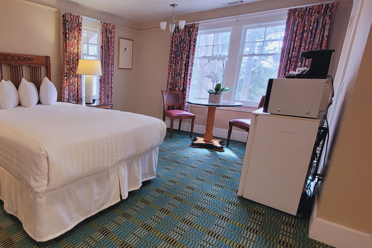 A hotel room with a large bed, a desk with a lamp, a chair, a small table with a plant, and a refrigerator.