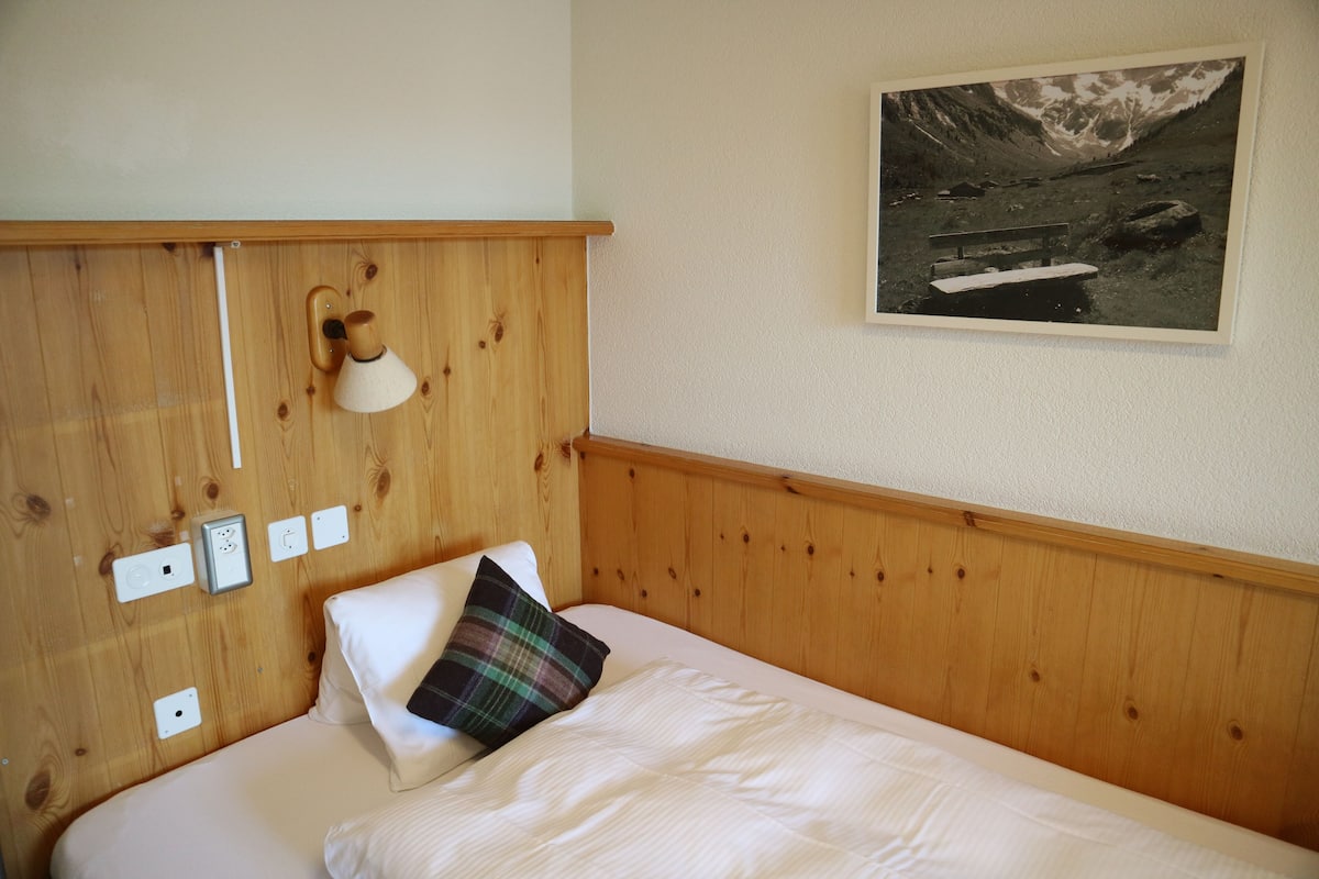 A wooden headboard with a mounted lamp, a bed with white bedding and a plaid pillow, and a framed picture of a mountainous landscape on the wall.