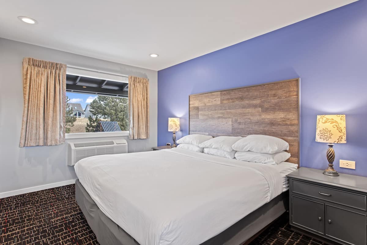 Habitación de hotel moderna con una cama grande, una mesita de noche, una lámpara y vistas al exterior.