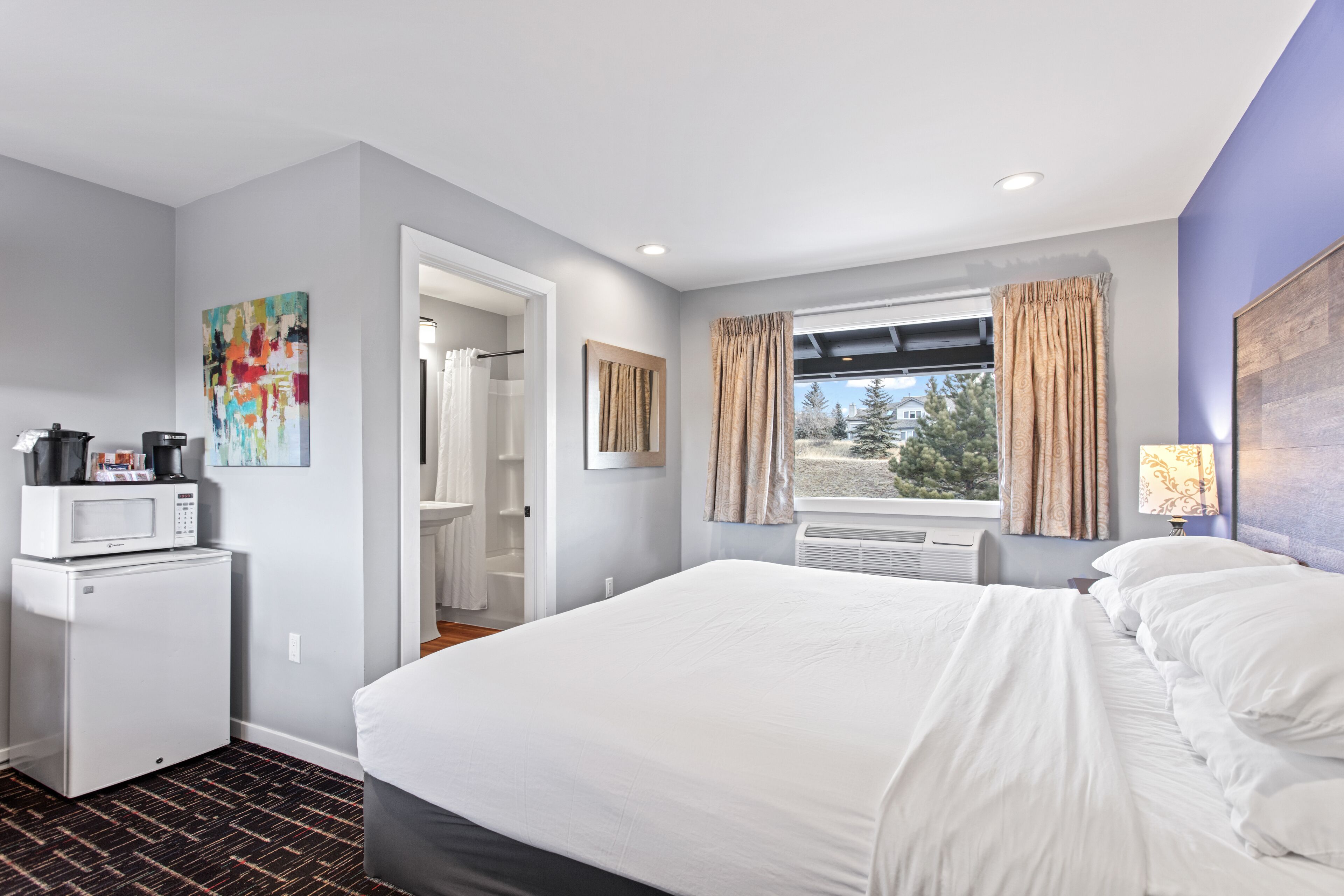 A hotel room with a bed, a microwave, a small refrigerator, a window with curtains, and a view of trees.