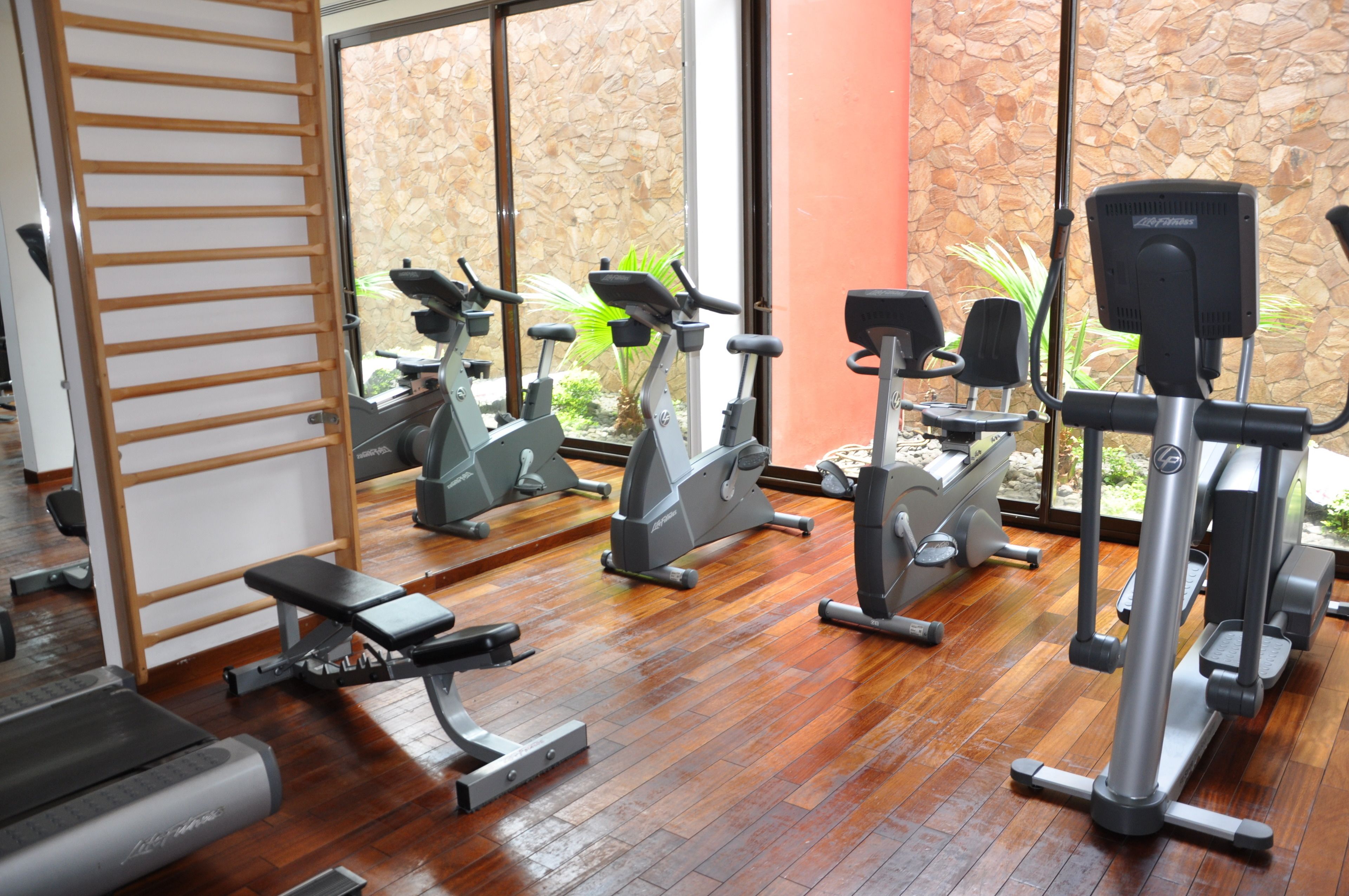 A gym with exercise equipment, wooden flooring, and a stone wall with a view of greenery.
