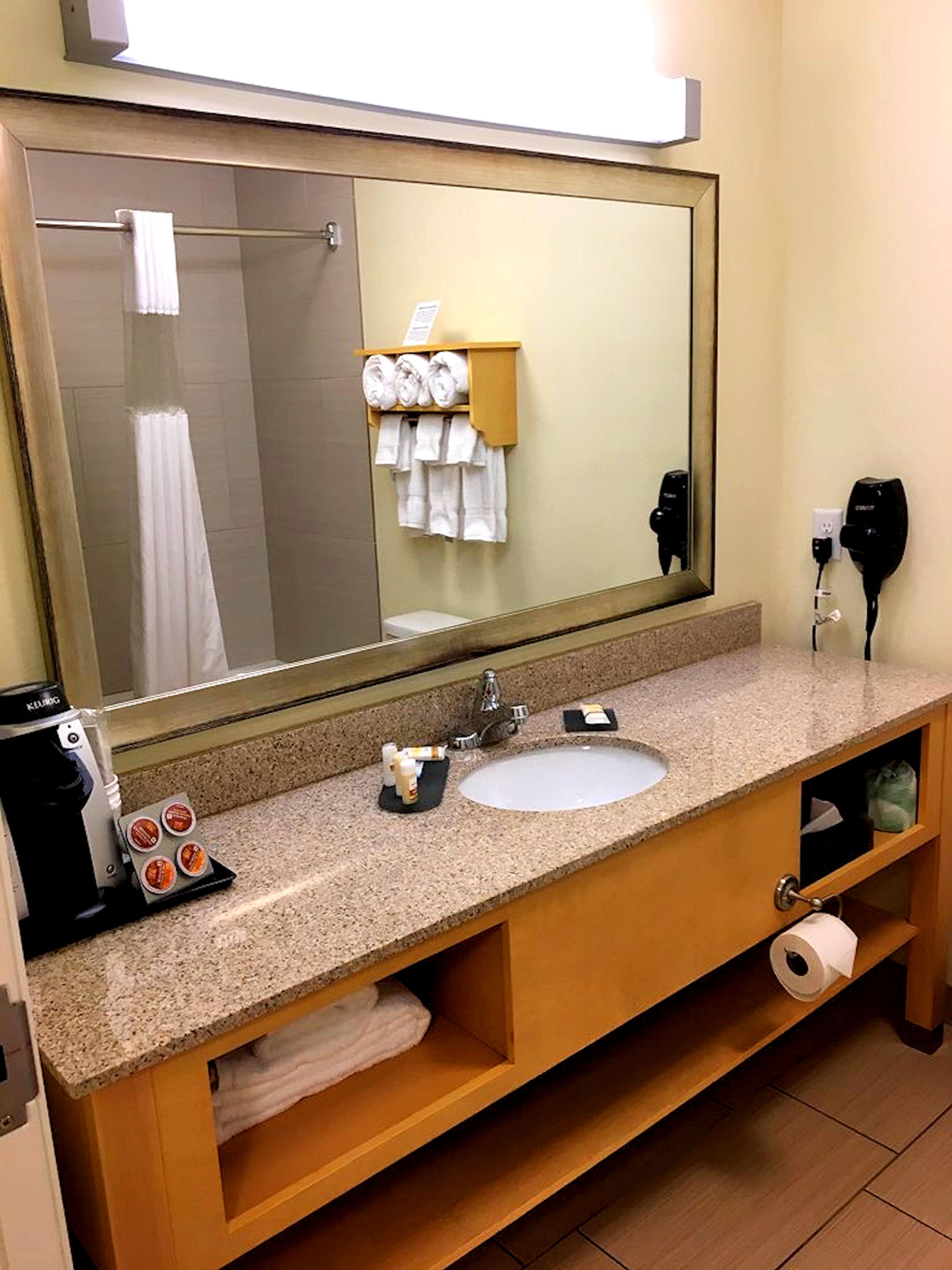 combined shower/bathtub, free toiletries, hair dryer, towels