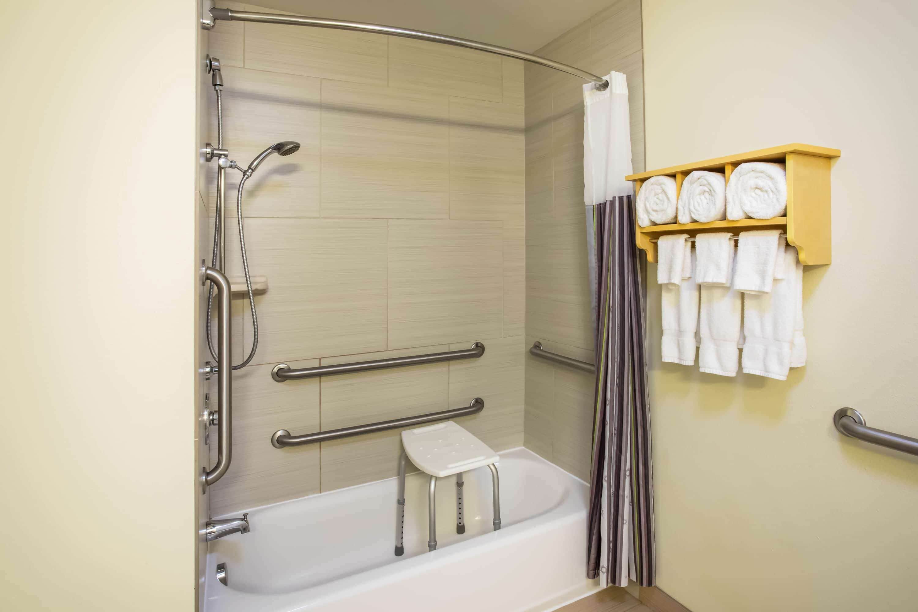 combined shower/bathtub, free toiletries, hair dryer, towels