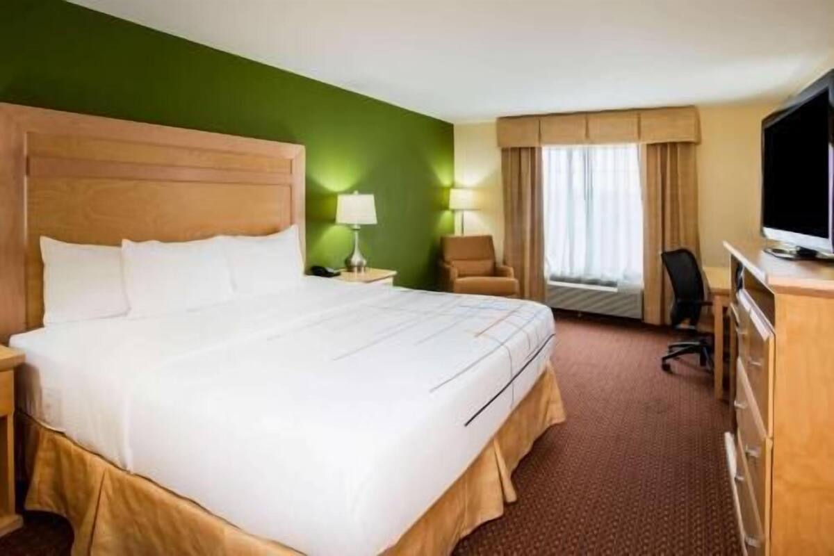 A hotel room with a large bed, a desk, a chair, a TV, and a window with curtains.